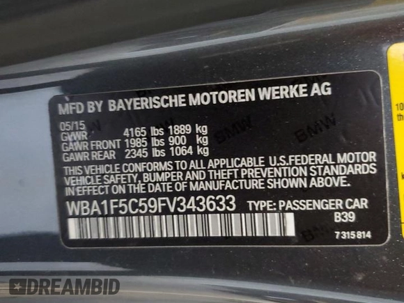 2015 BMW 2 Series 228i with VIN WBA1F5C59FV343633, listed as a Copart auction lot 60329925 with 123,644 mi miles and Non repairable. Bid and sale history available at DreamBid. Image 12.