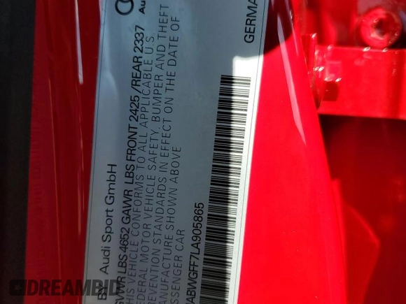 2020 Audi RS 3 z VIN WUABWGFF7LA905865, wystawiony jako Copart lot #74058024 z przebiegiem 7 414 mil mil oraz Nie do naprawy • Non repairable. Historia ofert i sprzedaży dostępna na DreamBid. Obrazek 13.
