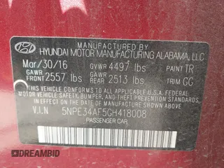 2016 Hyundai Sonata Sport with VIN 5NPE34AF5GH418008, listed as a IAAI auction lot 42233479 with 120,488 mi miles and . Bid and sale history available at DreamBid. Image 9.