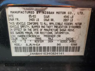 2004 Nissan Maxima SE with VIN 1N4BA41E34C824141, listed as a Copart auction lot 74185754 with 165,159 mi miles and Non Repairable. Bid and sale history available at carsss.com. Image 12.