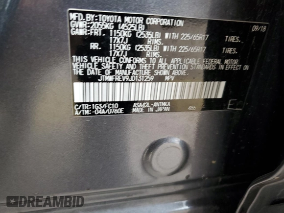 2018 Toyota RAV4 XLE with VIN JTMWFREV9JD131259, listed as a Copart auction lot 64748645 with 93,116 mi miles and Salvage title. Bid and sale history available at DreamBid. Image 14.