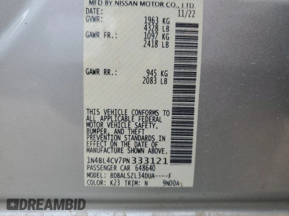 2023 Nissan Altima 2.5 SR with VIN 1N4BL4CV7PN333121, listed as a Copart auction lot 47460585 with 27,537 mi miles and Salvage Title. Bid and sale history available at carsss.com. Image 13.