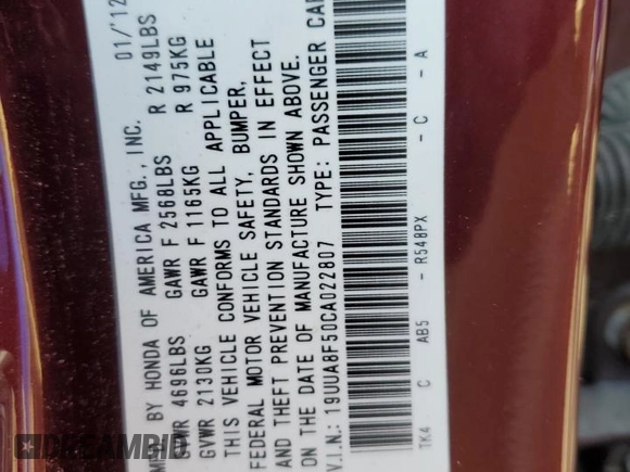 2012 Acura TL Tech Auto with VIN 19UUA8F50CA022807, listed as a Copart auction lot 51890945 with 186,107 mi miles and Salvage Title. Bid and sale history available at carsss.com. Image 12.