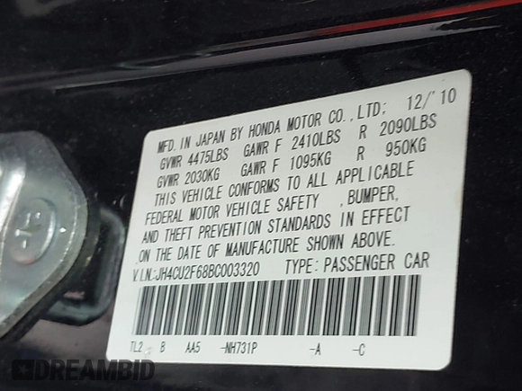 2011 Acura TSX with VIN JH4CU2F68BC003320, listed as a IAAI auction lot 42400843 with 130,609 mi miles and . Bid and sale history available at DreamBid. Image 9.