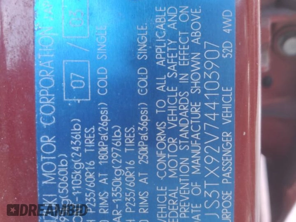 2004 Suzuki XL7 LX z VIN JS3TX92V744103907, wystawiony jako Copart lot #42055785 z przebiegiem 194 672 mil mil oraz Szkoda całkowita • Salvage title. Historia ofert i sprzedaży dostępna na DreamBid. Obrazek 14.
