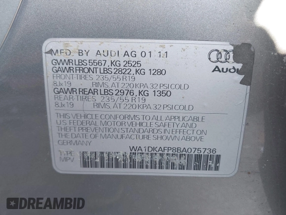 2011 Audi Q5 Premium Plus z VIN WA1DKAFP8BA075736, wystawiony jako IAAI lot #42240625 z przebiegiem 130 788 mil mil oraz . Historia ofert i sprzedaży dostępna na DreamBid. Obrazek 9.