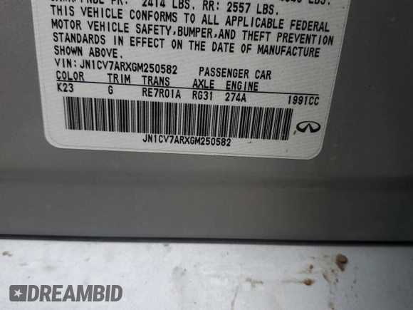 2016 Infiniti Q50 2.0t Premium with VIN JN1CV7ARXGM250582, listed as a Copart auction lot 87458344 with 0 mi miles and Salvage Title. Bid and sale history available at carsss.com. Image 12.