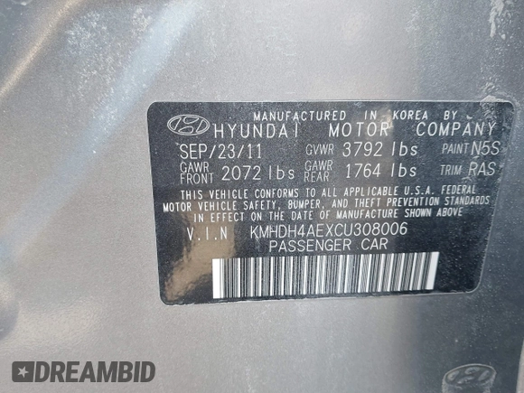 2012 Hyundai Elantra Limited with VIN KMHDH4AEXCU308006, listed as a IAAI auction lot 41440092 with 65,732 mi miles. Bid and sale history available at carsss.com. Image 9.