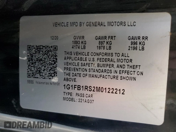 2021 Chevrolet Camaro 1LT with VIN 1G1FB1RS2M0122212, listed as a Copart auction lot 88470525 with 31,843 mi miles and Salvage title. Bid and sale history available at DreamBid. Image 12.