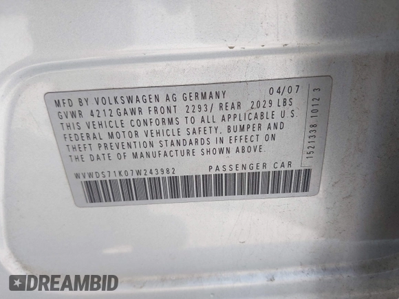 2007 Volkswagen Rabbit with VIN WVWDS71K07W243982, listed as a IAAI auction lot 42580094 with 73,374 mi miles and . Bid and sale history available at DreamBid. Image 9.