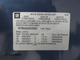 2009 GMC Sierra 1500 SLE with VIN 1GTEK29J99Z226697, listed as a IAAI auction lot 42362287 with 162,977 mi miles and . Bid and sale history available at DreamBid. Image 9.