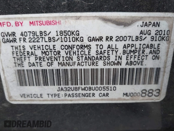 2011 Mitsubishi Lancer GTS with VIN JA32U8FW0BU005510, listed as a IAAI auction lot 41678936 with 204,511 mi miles. Bid and sale history available at carsss.com. Image 9.