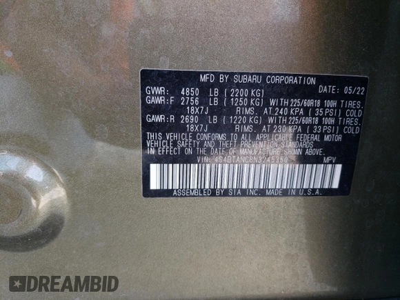 2022 Subaru Outback Limited with VIN 4S4BTANC8N3245350, listed as a Copart auction lot 59343795 with 73,642 mi miles and Salvage title. Bid and sale history available at DreamBid. Image 13.