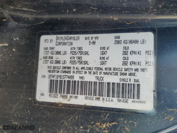 2001 Dodge Ram 1500 with VIN 1B7HF16Y81S774099, listed as a Copart auction lot 70673934 with 0 mi miles and Salvage Title. Bid and sale history available at carsss.com. Image 14.