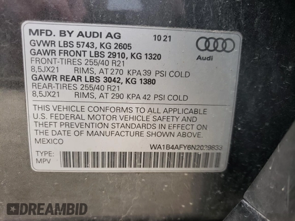 2022 Audi SQ5 Premium Plus with VIN WA1B4AFY6N2029833, listed as a Copart auction lot 52646383 with 11,460 mi miles. Bid and sale history available at carsss.com. Image 14.