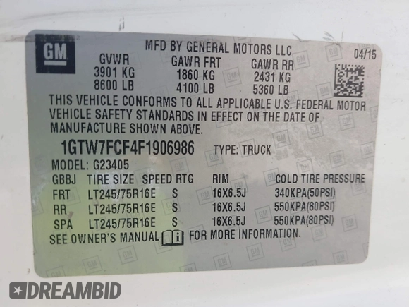 2015 GMC Savana Cargo z VIN 1GTW7FCF4F1906986, wystawiony jako IAAI lot #42433630 z przebiegiem 124 182 mil mil oraz . Historia ofert i sprzedaży dostępna na DreamBid. Obrazek 9.