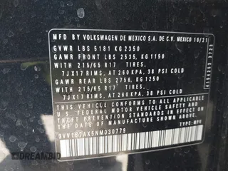 2022 Volkswagen Tiguan S with VIN 3VV1B7AX5NM030779, listed as a IAAI auction lot 41877605 with 39,261 mi miles and . Bid and sale history available at DreamBid. Image 9.