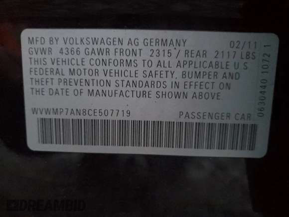 2012 Volkswagen CC Sport with VIN WVWMP7AN8CE507719, listed as a Copart auction lot 85409024 with 83,262 mi miles and Clean Title. Bid and sale history available at DreamBid. Image 12.