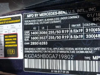 2016 Mercedes-Benz GLE with VIN 4JGDA5HB0GA719802, listed as a IAAI auction lot 41595294 with 112,527 mi miles. Bid and sale history available at carsss.com. Image 9.