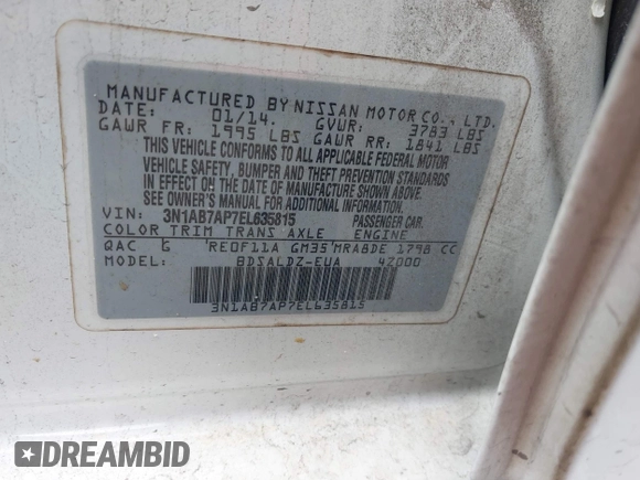 2014 Nissan Sentra SV with VIN 3N1AB7AP7EL635815, listed as a IAAI auction lot 42477654 with 182,596 mi miles and . Bid and sale history available at DreamBid. Image 9.