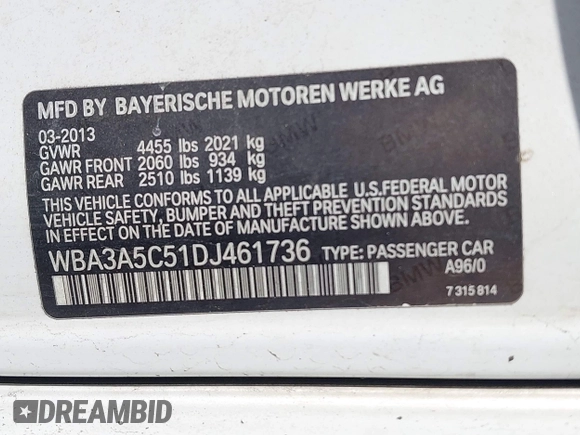 2013 BMW 3 Series 328i z VIN WBA3A5C51DJ461736, wystawiony jako IAAI lot #42662559 z przebiegiem 152 985 mil mil oraz . Historia ofert i sprzedaży dostępna na DreamBid. Obrazek 9.