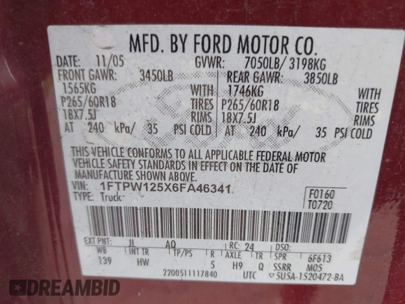 2006 Ford F-150 XLT with VIN 1FTPW125X6FA46341, listed as a IAAI auction lot 42415016 with 252,604 mi miles and . Bid and sale history available at DreamBid. Image 9.