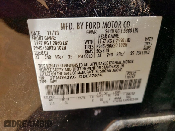 2013 Ford Edge Limited with VIN 2FMDK3KC1DBE37574, listed as a Copart auction lot 62334995 with 135,553 mi miles and Salvage title. Bid and sale history available at DreamBid. Image 13.