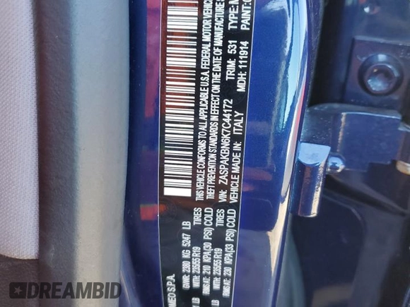 2019 Alfa Romeo Stelvio Ti with VIN ZASPAKBN6K7C44172, listed as a Copart auction lot 43384485 with Not provided miles and Salvage title. Bid and sale history available at DreamBid. Image 13.