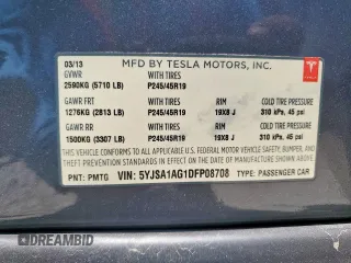 2013 Tesla Model S z VIN 5YJSA1AG1DFP08708, wystawiony jako Copart lot #58403985 z przebiegiem 120 809 mil mil oraz Szkoda całkowita • Salvage title. Historia ofert i sprzedaży dostępna na DreamBid. Obrazek 12.