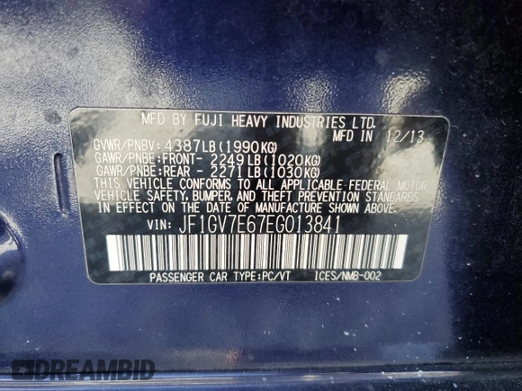2014 Subaru WRX WRX with VIN JF1GV7E67EG013841, listed as a Copart auction lot 60564735 with 71,904 mi miles and Salvage title. Bid and sale history available at DreamBid. Image 12.