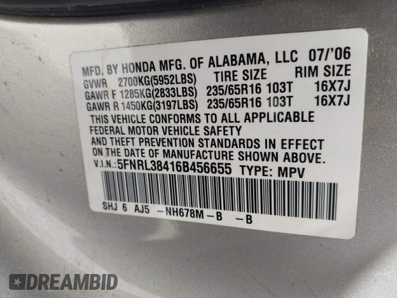 2006 Honda Odyssey EX с VIN 5FNRL38416B456655, выставлен на аукционе IAAI как лот 42543308 с пробегом 291 626 миль миль и . История ставок и продаж доступна на DreamBid. Изображение 9.