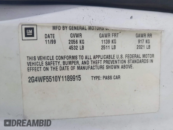 2000 Buick Regal GS с VIN 2G4WF5510Y1189915, выставлен на аукционе IAAI как лот 42689407 с пробегом Не указан миль и . История ставок и продаж доступна на DreamBid. Изображение 9.