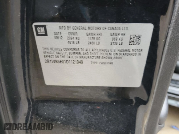 2013 Chevrolet Impala LT with VIN 2G1WB5E31D1121949, listed as a Copart auction lot 47863325 with 96,626 mi miles and Salvage Title. Bid and sale history available at DreamBid. Image 12.