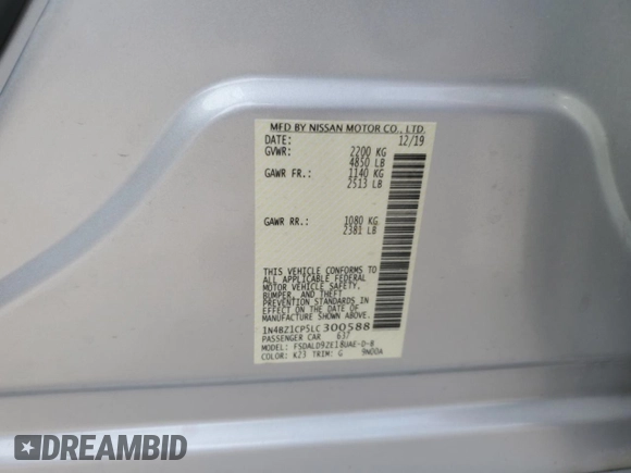 2020 Nissan LEAF SV Plus with VIN 1N4BZ1CP5LC300588, listed as a Copart auction lot 43265445 with 44,510 mi miles and Salvage Title. Bid and sale history available at DreamBid. Image 12.