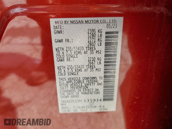2023 Nissan Murano SL z VIN 5N1AZ2CS3PC135934, wystawiony jako Copart lot #54907225 z przebiegiem 16 899 mil mil oraz Szkoda całkowita • Salvage title. Historia ofert i sprzedaży dostępna na DreamBid. Obrazek 13.