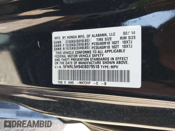 2014 Honda Odyssey Touring with VIN 5FNRL5H94EB079518, listed as a IAAI auction lot 42095098 with 141,019 mi miles and . Bid and sale history available at DreamBid. Image 9.