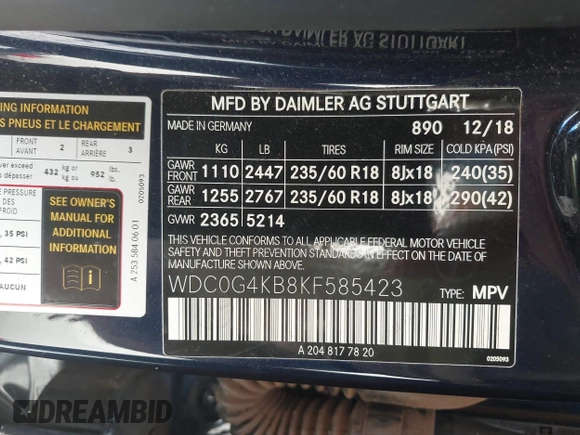 2019 Mercedes-Benz GLC with VIN WDC0G4KB8KF585423, listed as a IAAI auction lot 41254865 with Not Provided miles. Bid and sale history available at carsss.com. Image 9.