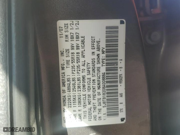 2008 Acura RDX with VIN 5J8TB18208A008884, listed as a Copart auction lot 52046045 with 129,168 mi miles and Salvage Title. Bid and sale history available at carsss.com. Image 13.