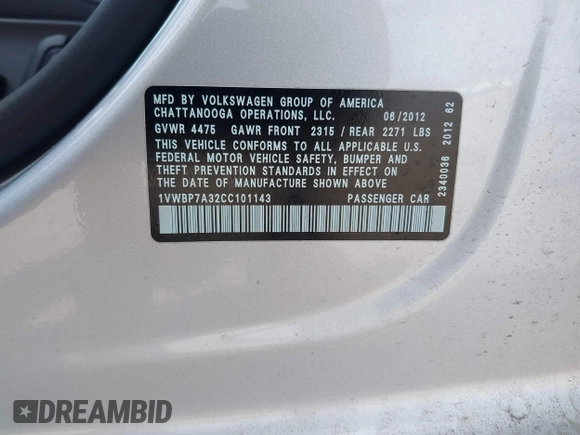 2012 Volkswagen Passat SE with VIN 1VWBP7A32CC101143, listed as a IAAI auction lot 42124955 with 64,843 mi miles. Bid and sale history available at carsss.com. Image 9.