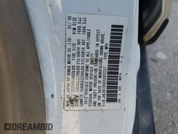 2005 Honda CR-V EX SE with VIN JHLRD789X5C032227, listed as a Copart auction lot 52847815 with 302,341 mi miles and Salvage Title. Bid and sale history available at carsss.com. Image 13.