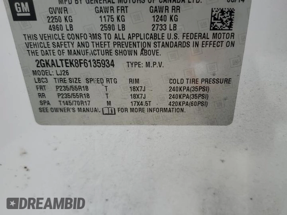 2015 GMC Terrain SLT with VIN 2GKALTEK8F6135934, listed as a Copart auction lot 57581655 with 194,573 mi miles and Salvage title. Bid and sale history available at DreamBid. Image 13.