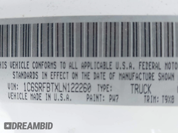 2020 Ram 1500 Big Horn with VIN 1C6SRFBTXLN122260, listed as a IAAI auction lot 41779396 with 171,886 mi miles. Bid and sale history available at carsss.com. Image 9.