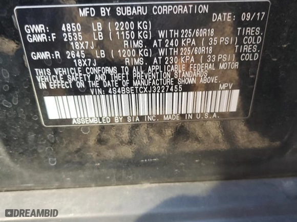 2018 Subaru Outback Touring with VIN 4S4BSETCXJ3227455, listed as a Copart auction lot 47793805 with 97,400 mi miles and Salvage Title. Bid and sale history available at carsss.com. Image 14.