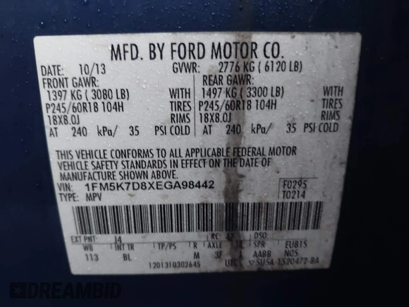 2014 Ford Explorer XLT с VIN 1FM5K7D8XEGA98442, выставлен на аукционе IAAI как лот 41471092 с пробегом 235 239 миль миль и . История ставок и продаж доступна на DreamBid. Изображение 9.