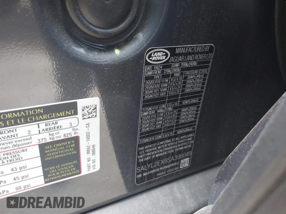 2025 Land Rover Range Rover Velar Dynamic SE with VIN SALYL2EX9SA398049, listed as a IAAI auction lot 41375784 with 7,985 mi miles and . Bid and sale history available at DreamBid. Image 9.