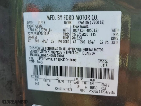 2014 Ford F-150 XL with VIN 1FTFW1ET1EKD01938, listed as a Copart auction lot 46901585 with 164,926 mi miles and Salvage Title. Bid and sale history available at carsss.com. Image 14.