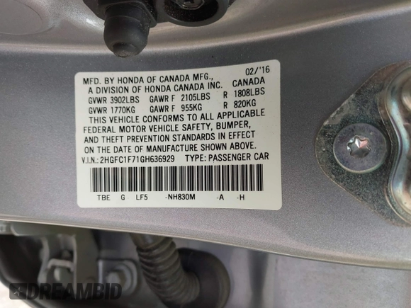 2016 Honda Civic EX-L with VIN 2HGFC1F71GH636929, listed as a IAAI auction lot 42253766 with 123,612 mi miles and . Bid and sale history available at DreamBid. Image 9.