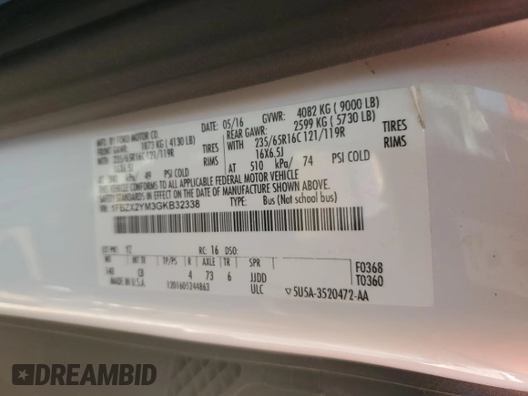 2016 Ford Transit XL с VIN 1FBZX2YM3GKB32338, выставлен на аукционе Copart как лот 77943824 с пробегом 69 979 миль миль и Списание • Salvage title. История ставок и продаж доступна на DreamBid. Изображение 13.