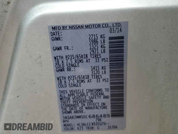 2014 Nissan Pathfinder S z VIN 5N1AR2MM5EC686489, wystawiony jako Copart lot #48663215 z przebiegiem 129 008 mil mil oraz Szkoda całkowita • Salvage title. Historia ofert i sprzedaży dostępna na DreamBid. Obrazek 14.
