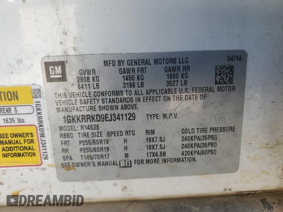 2014 GMC Acadia SLT with VIN 1GKKRRKD9EJ341129, listed as a Copart auction lot 52335415 with 177,282 mi miles and Salvage Title. Bid and sale history available at carsss.com. Image 13.